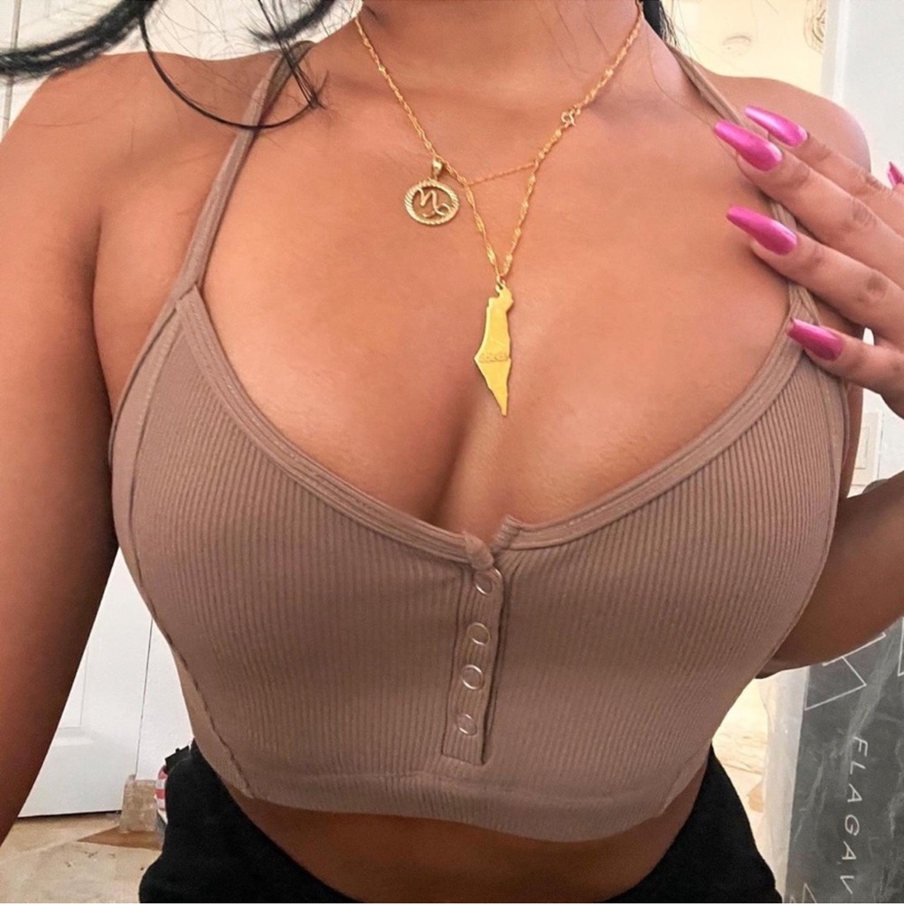 PacSun Ribbed Button-Front Halter Top - Tan